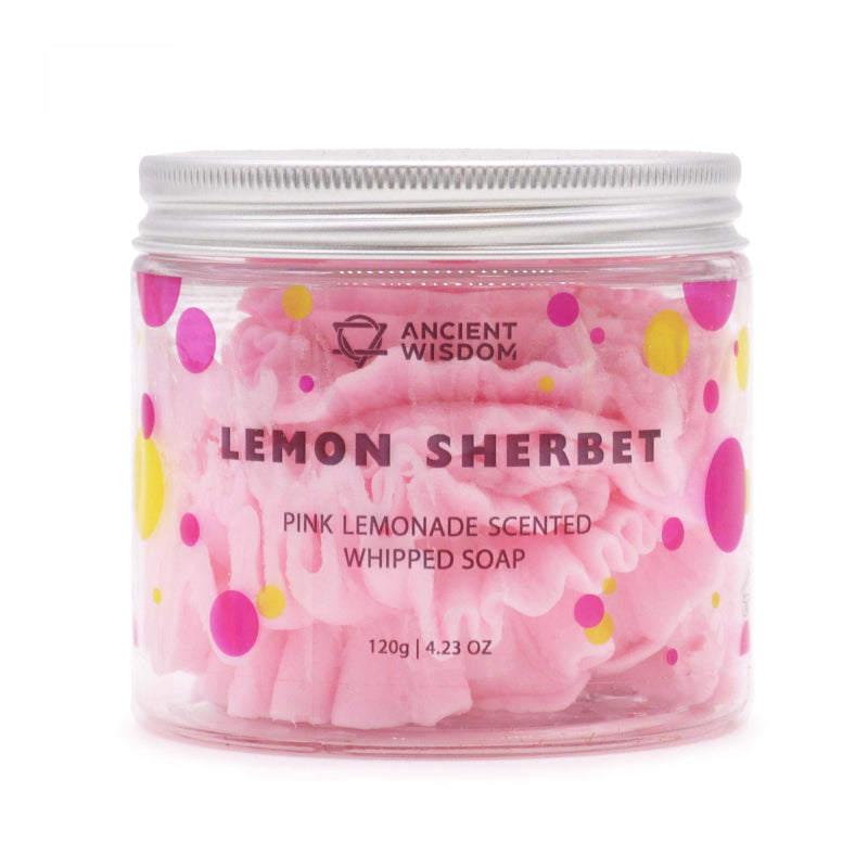 Pink lemon sherbet whipped soap in a jar with colorful polka dot design on a white background