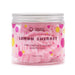 Pink lemon sherbet whipped soap in a jar with colorful polka dot design on a white background