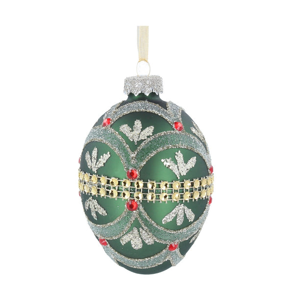 SALE 50% OFF -  Gisela Graham Glass Dec 8cm - Green Egg with Swags/Diamantes