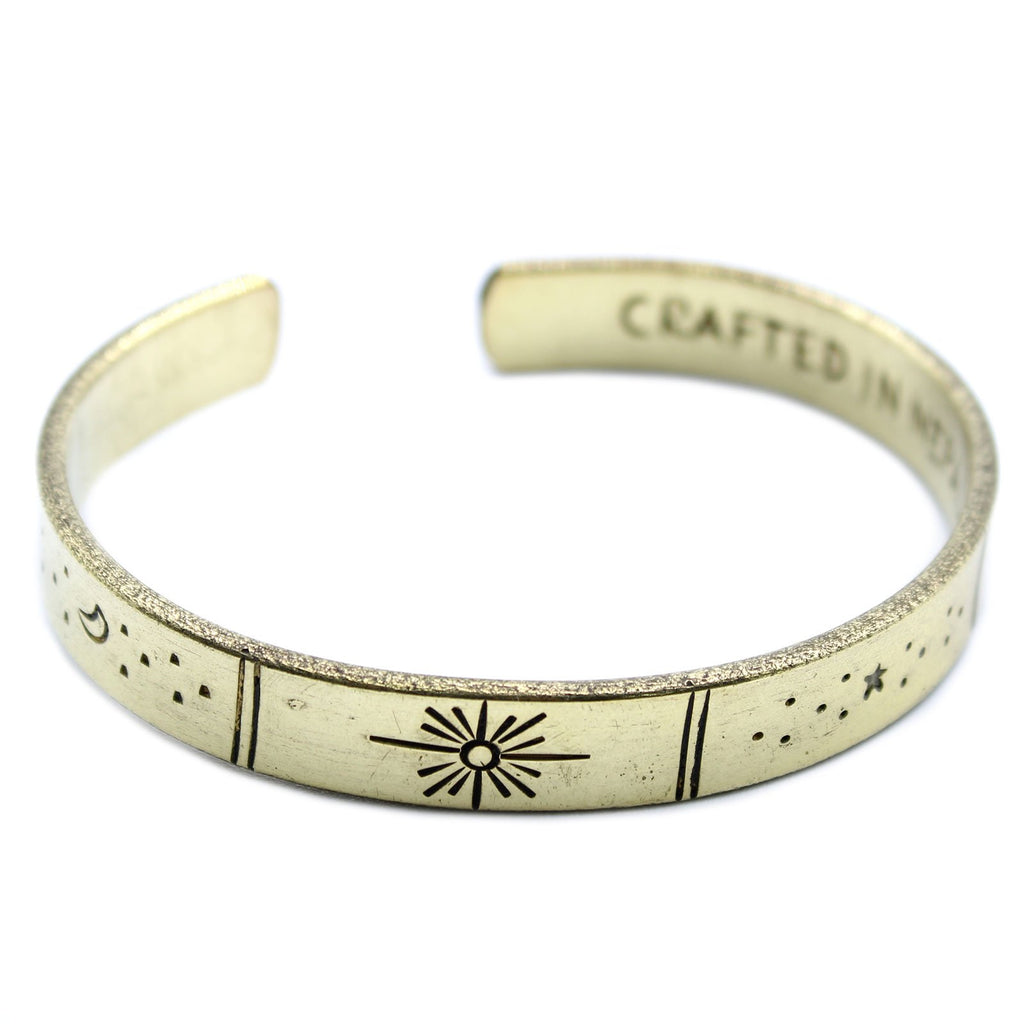 Ancient Wisdom Inspiration Bracelet - Brass Sunrise, Galaxy, Stars, Earth