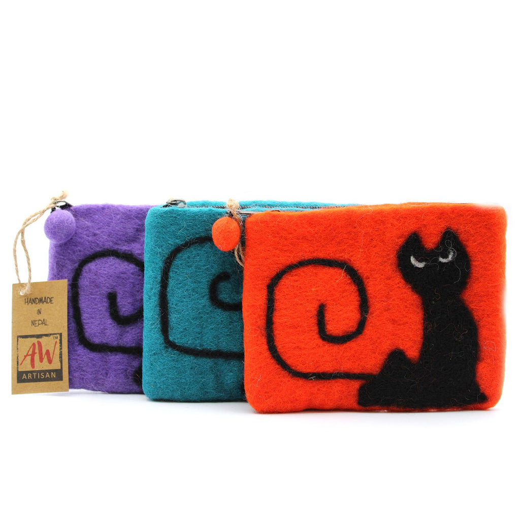 Ancient Wisdom Natural Felt Zipper Pouch - Black Cat