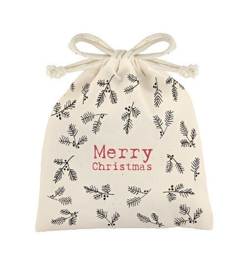 East of India Merry Christmas Holly Drawstring Gift Bag