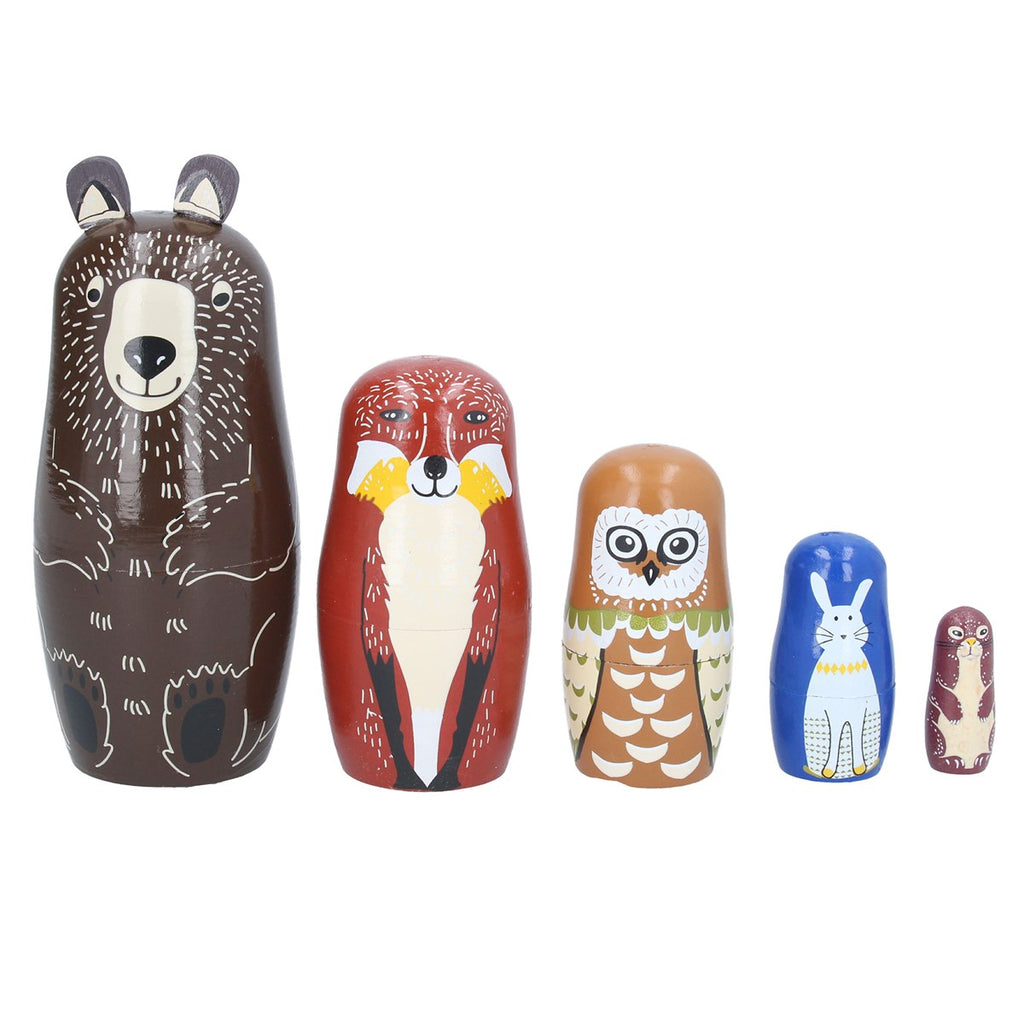 Gisela Graham Set/5 Wood Orn 14cm - Woodland Animal Russian Doll