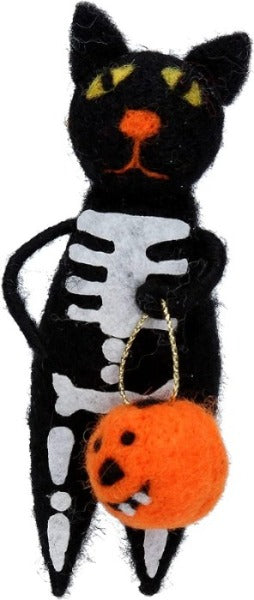 Gisela Graham Mixed Wool Skeleton Cat w Pumpkin
