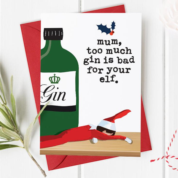 Funny Mum Gin Elf Christmas Card