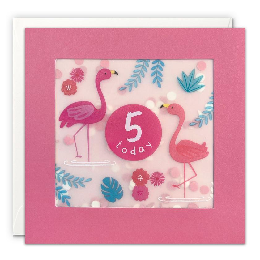 James Ellis Age 5 - Flamingos Paper Shakies Birthday Card