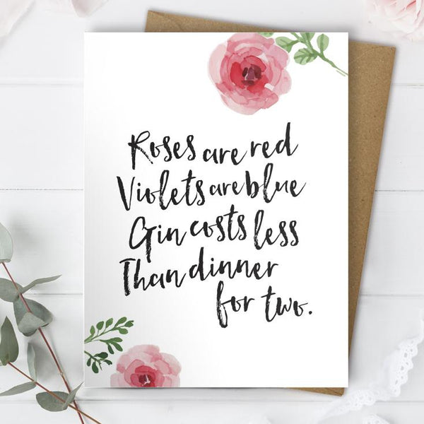 Mrs Best Paper Co Roses are Red, Funny Gin Valentine's Day Card / Anniversary